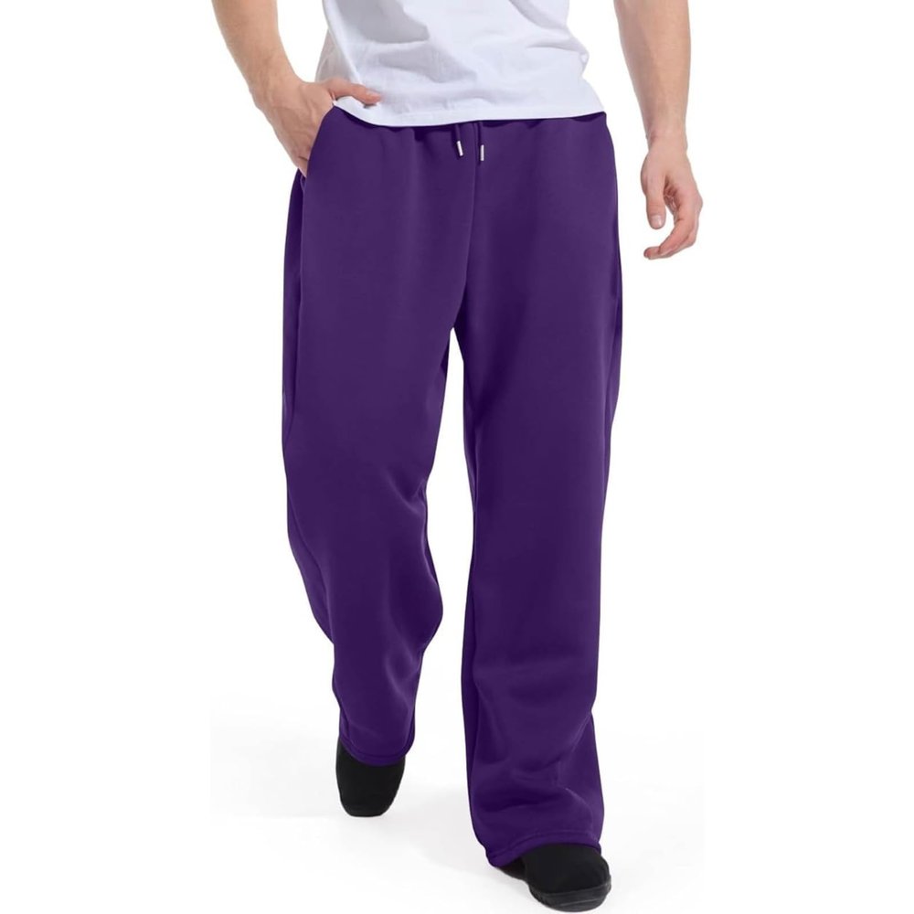 Mens Sweatpants with Pockets Baggy Sweat Pants Wide Leg Casual Athletic Workout Gym Clothes Straight Leg Open Bottom Sweatpants Fleece Lined Jogger with Pockets Winter Fall Clothing Purple