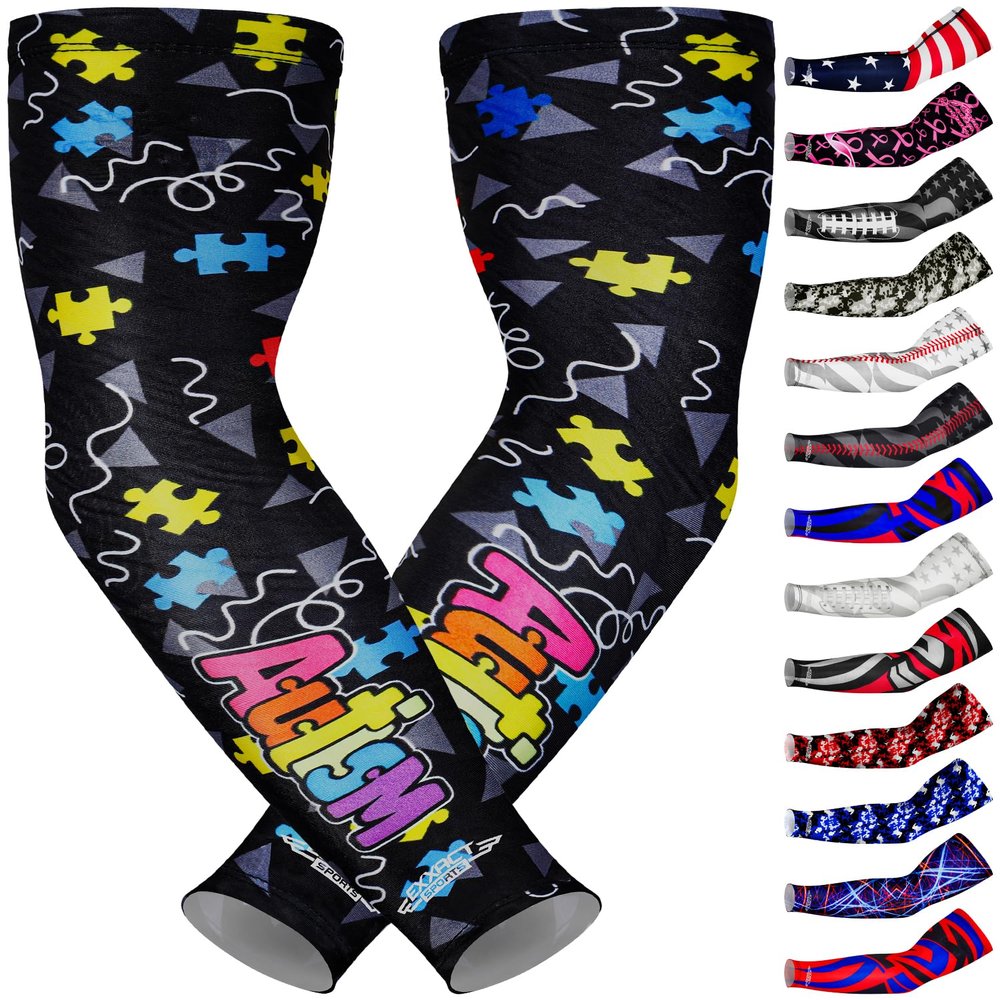 Exxact Sports Compression Arm Sleeves for Men & Women, 1 Pair Performance Sleeves for Baseball, Football, Youth & Adult Sizes - (Autism, AS)