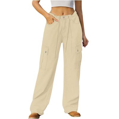 Women Cargo Pants Jeans Baggy High Waisted Wide Leg Pants Fashion Teen Girls Y2K Streetwear Pants Casual Denim Pants