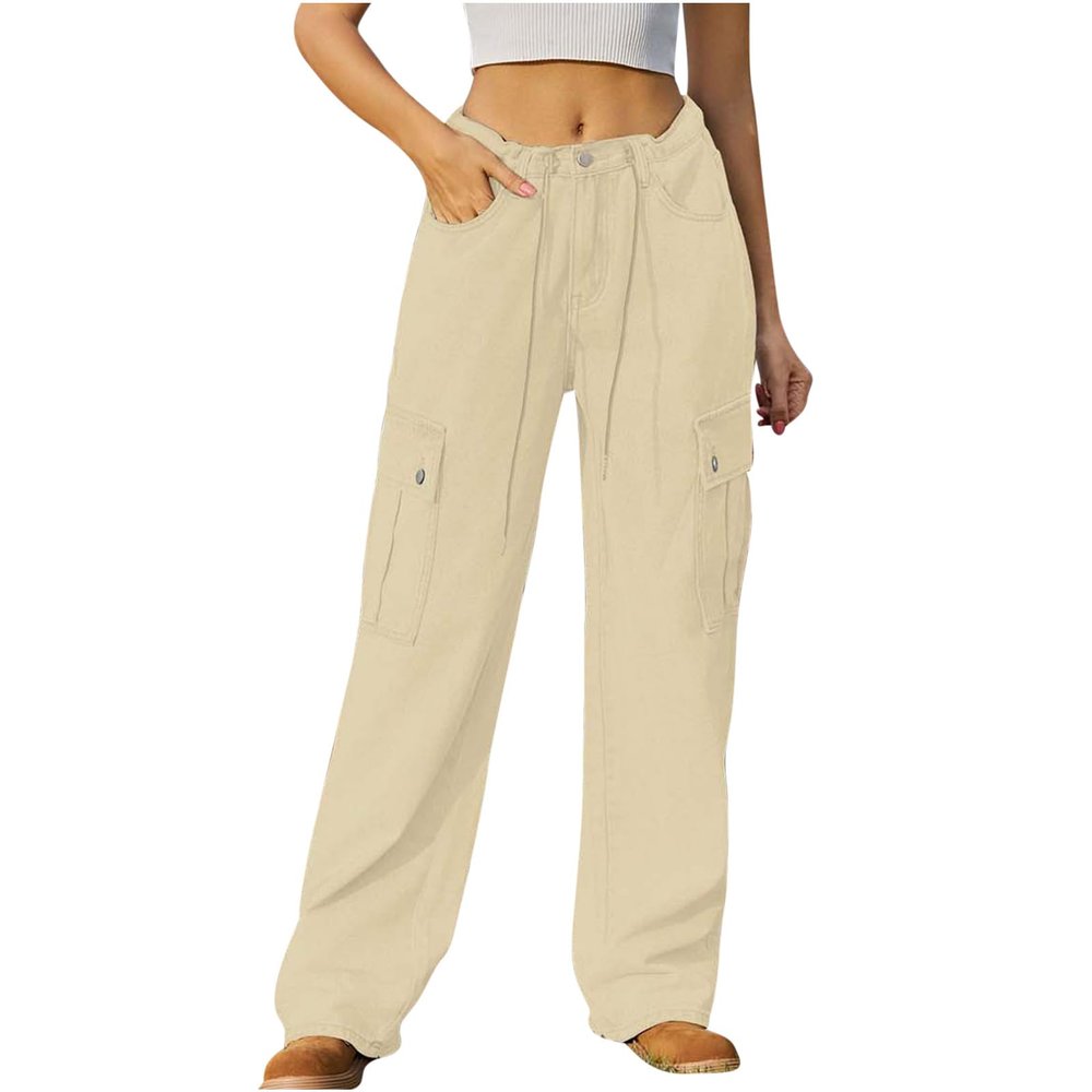 Women Cargo Pants Jeans Baggy High Waisted Wide Leg Pants Fashion Teen Girls Y2K Streetwear Pants Casual Denim Pants