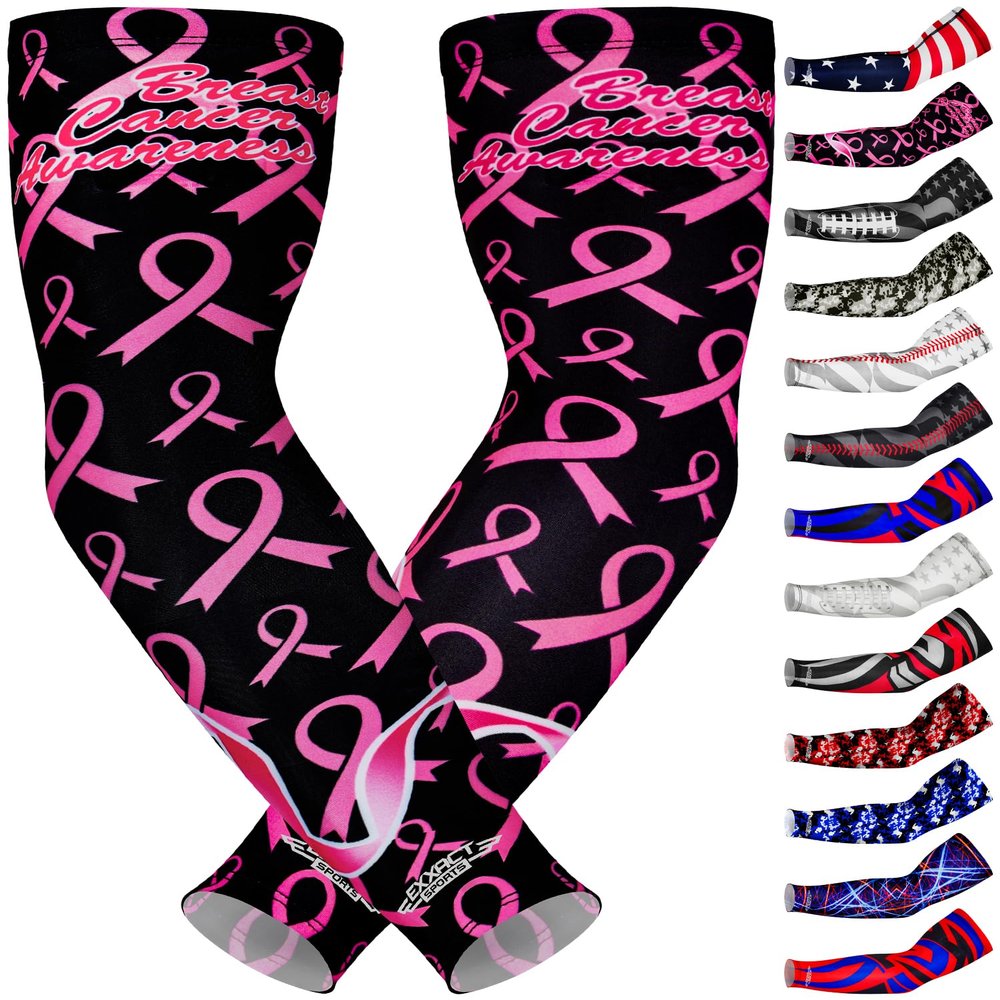 Exxact Sports Compression Arm Sleeves for Men & Women, 1 Pair Performance Sleeves for Baseball, Football, Youth & Adult Sizes - (Breast Cancer, YS)