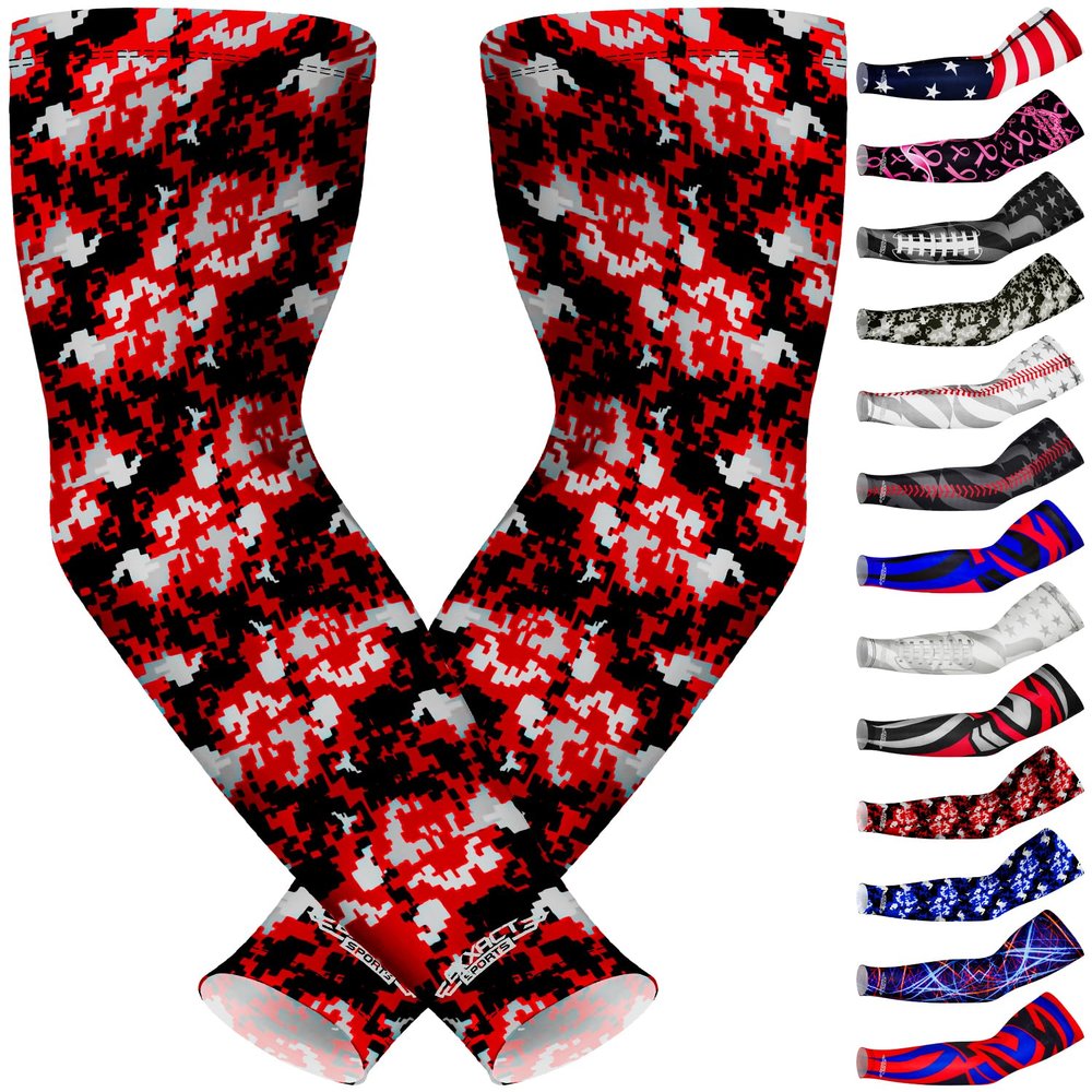 Exxact Sports Compression Arm Sleeves for Men & Women, 1 Pair Performance Sleeves for Baseball, Football, Youth & Adult Sizes - (Red Camo, YL)