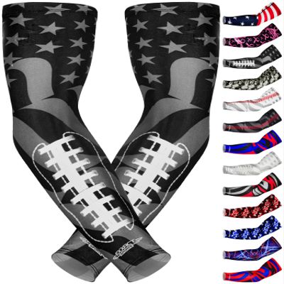 Exxact Sports Compression Arm Sleeves for Men & Women, 1 Pair Performance Sleeves for Baseball, Football, Youth & Adult Sizes - (Black Football Flag, AM)