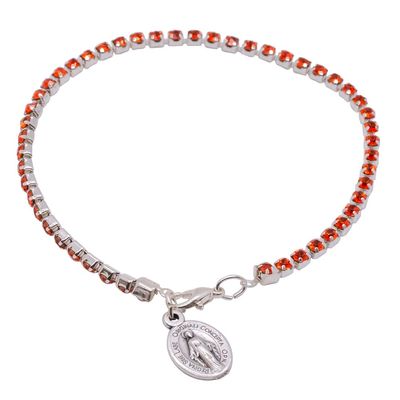 Miraculous Medal Tennis Bracelet | Orange Crystals | Catholic Jewelry | Great Religious Gift for First Holy Communion or Confirmation | Christian Wrist Accessory