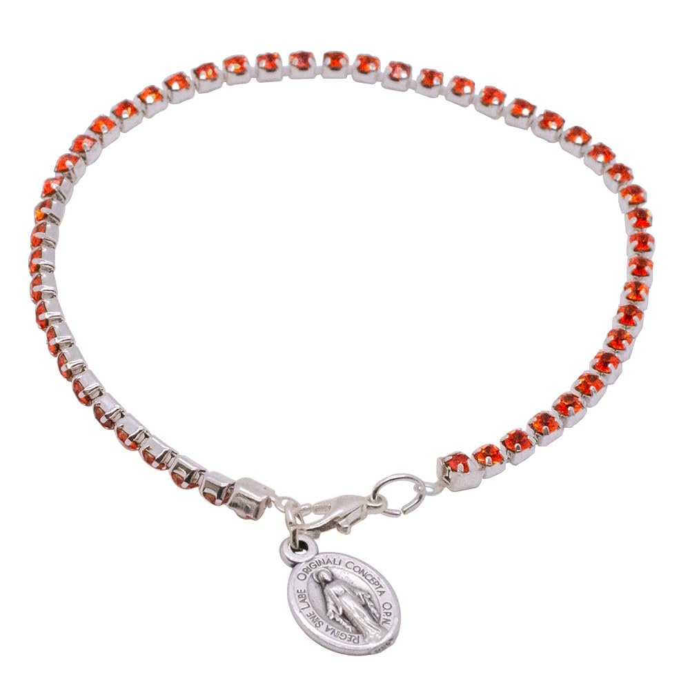 Miraculous Medal Tennis Bracelet | Orange Crystals | Catholic Jewelry | Great Religious Gift for First Holy Communion or Confirmation | Christian Wrist Accessory