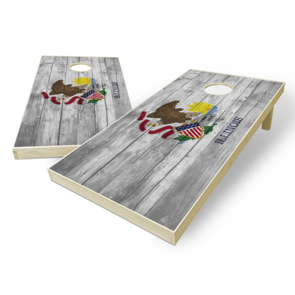 State Flag Distressed Wood Design Solid Wood Regulation Cornhole Set 4 Feet x 2 Feet Includes Set of 8 Bags and Carrying Case with Optional LED Lights and Lamination (Illinois)