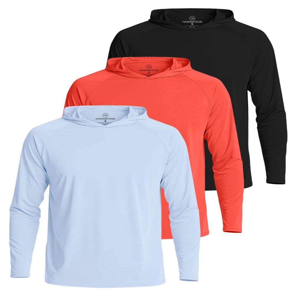 Real Essentials 3 Pack: Men's Long Sleeve Rash Guard Hoodie - SPF UV Sun Protection Workout Fishing Swim Shirts, Set 4, Large