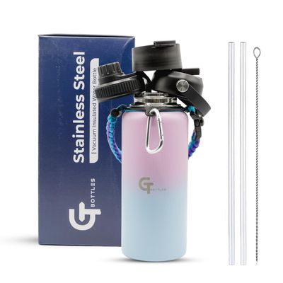GT BOTTLES 32oz Stainless Steel Vacuum Insulated Wide Mouth Water Bottle with 3 Lids and Paracord Handle for Hot & Cold Beverage (Light Purple/Sky Blue, 32oz)