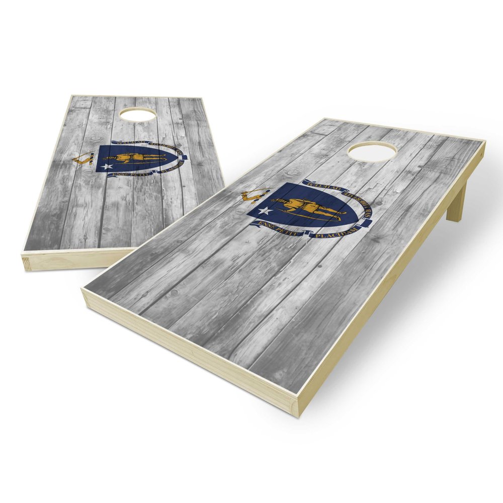 State Flag Distressed Wood Design Solid Wood Regulation Cornhole Set 4 Feet x 2 Feet Includes Set of 8 Bags and Carrying Case with Optional LED Lights and Lamination (Massachusetts)