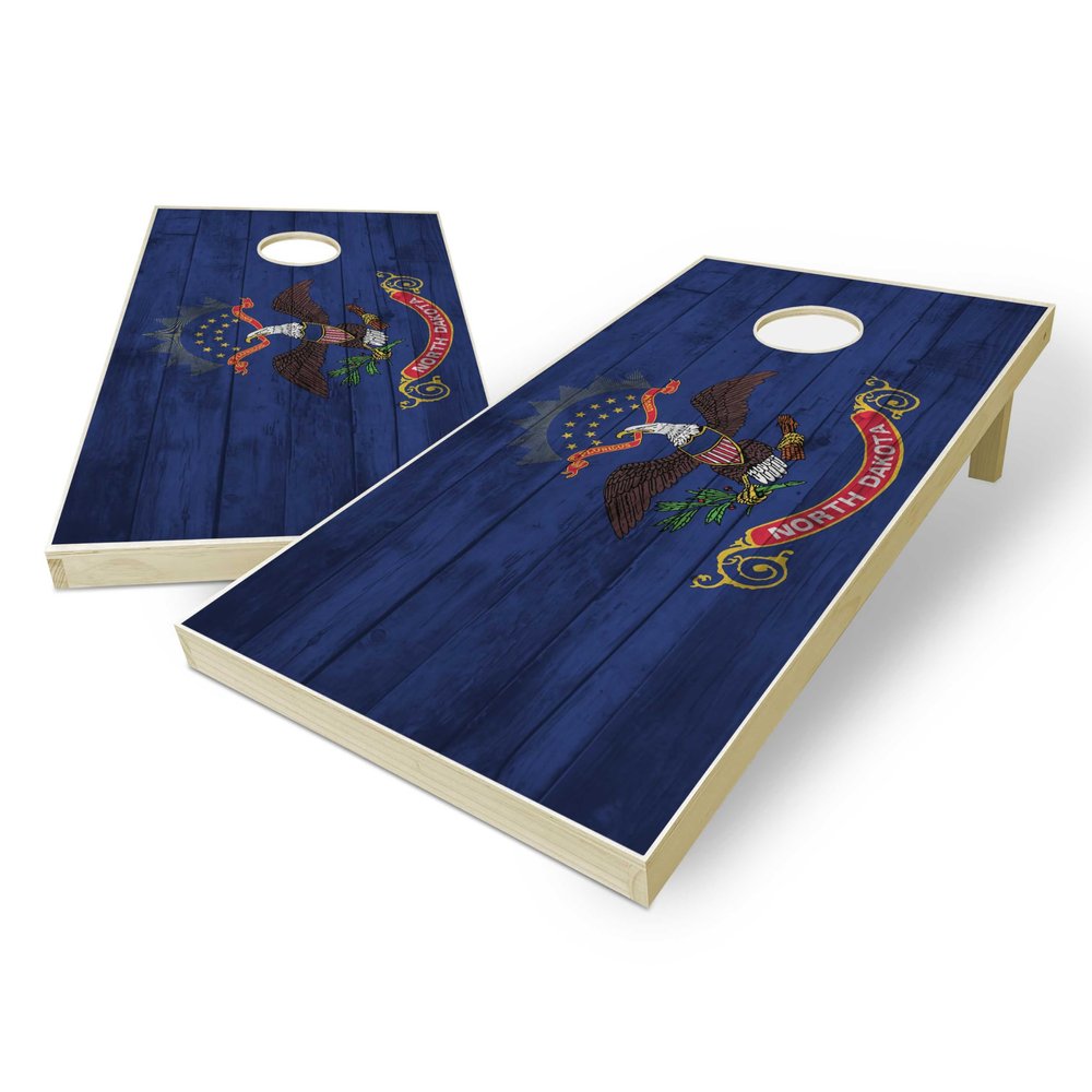 State Flag Distressed Wood Design Solid Wood Regulation Cornhole Set 4 Feet x 2 Feet Includes Set of 8 Bags and Carrying Case with Optional LED Lights and Lamination (North Dakota)
