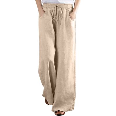 NATHGAM Women Plus Size Cotton Linen Pants Drawstring Elastic Low Waisted Pleated Wide Leg Solid Trousers Daily Casual Pants Beige