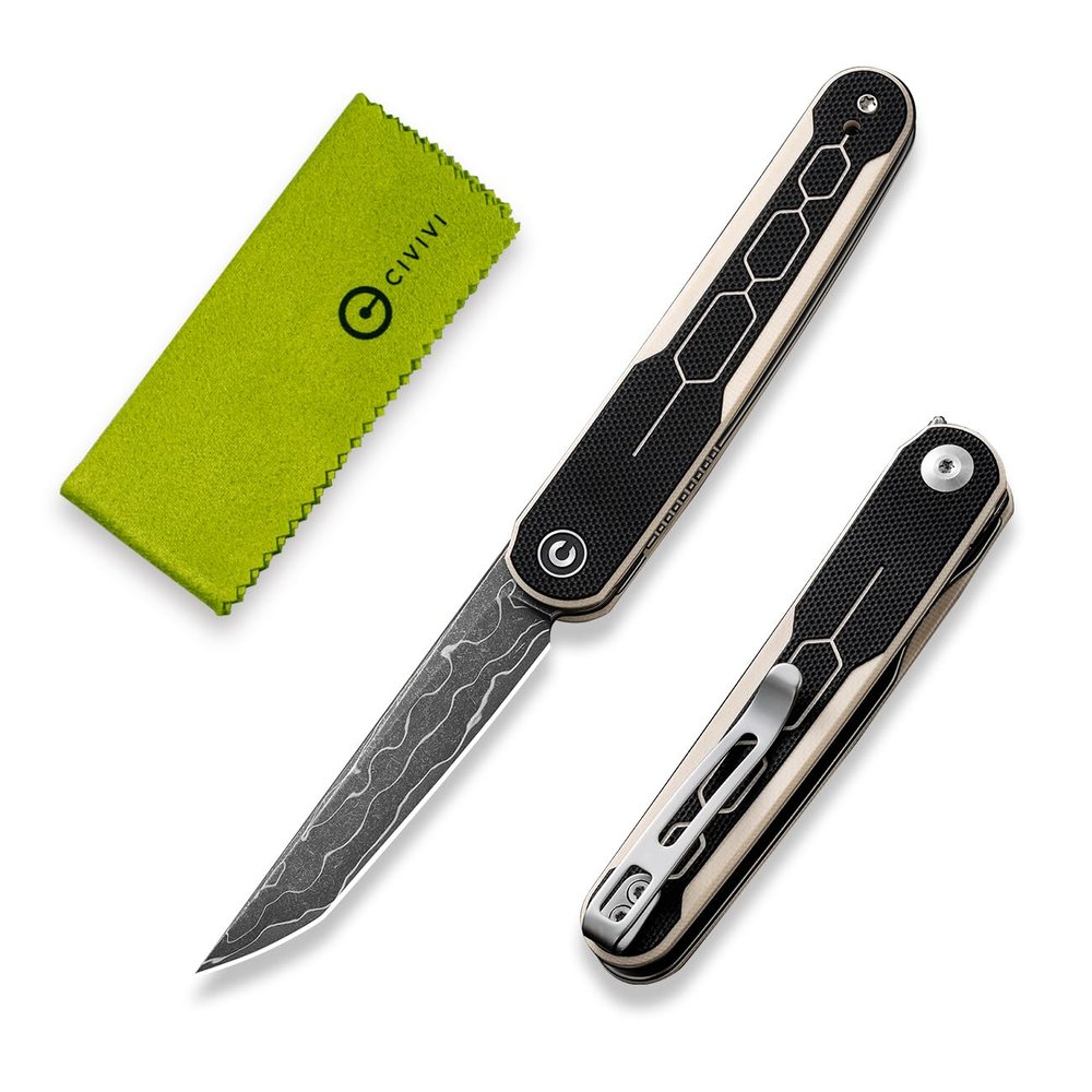 CIVIVI KwaiQ Pocket Knife, Folding Knife with Inline Flipper for EDC, 2.97" Damascus Tanto Blade Two-tone G10 Handle for Women Men C23015-DS1