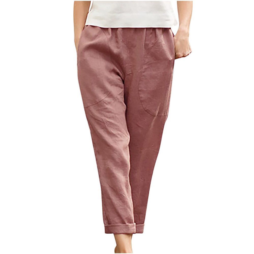 NATHGAM Womens Cotton Linen Trousers Elastic Waist Straight Pants Cropped with Pocket Pants Comfy Streetwear Work Sweatpants Red