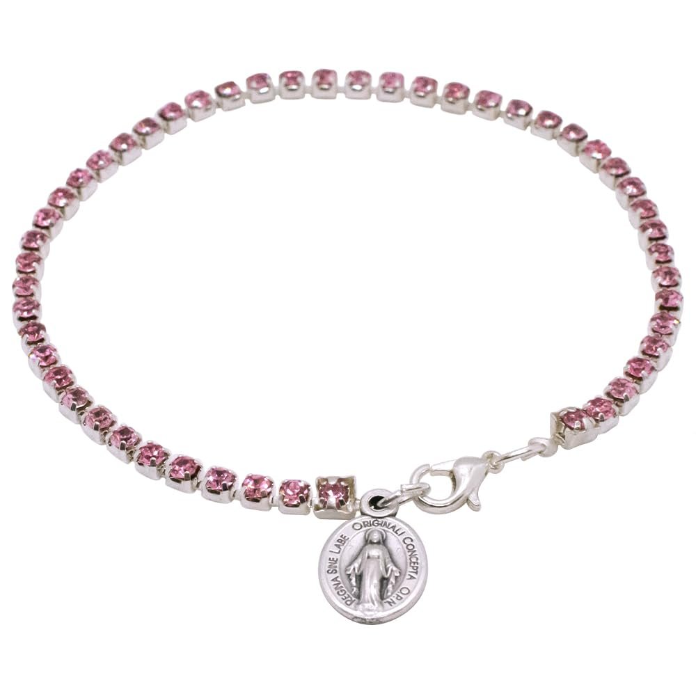 Miraculous Medal Pink Crystal Tennis Bracelet | Catholic Jewelry | Great Religious Gift for First Holy Communion or Confirmation | Christian Wrist Accessory