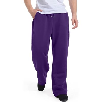 Mens Sweatpants with Pockets Baggy Sweat Pants Wide Leg Casual Athletic Workout Gym Clothes Straight Leg Open Bottom Sweatpants Fleece Lined Jogger with Pockets Winter Fall Clothing Purple