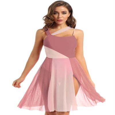 Hedmy Women Adult Mesh Overlay Ballet Contemporary Dance Dress Sleeveless Lyrical Leotard Costume Brown Large