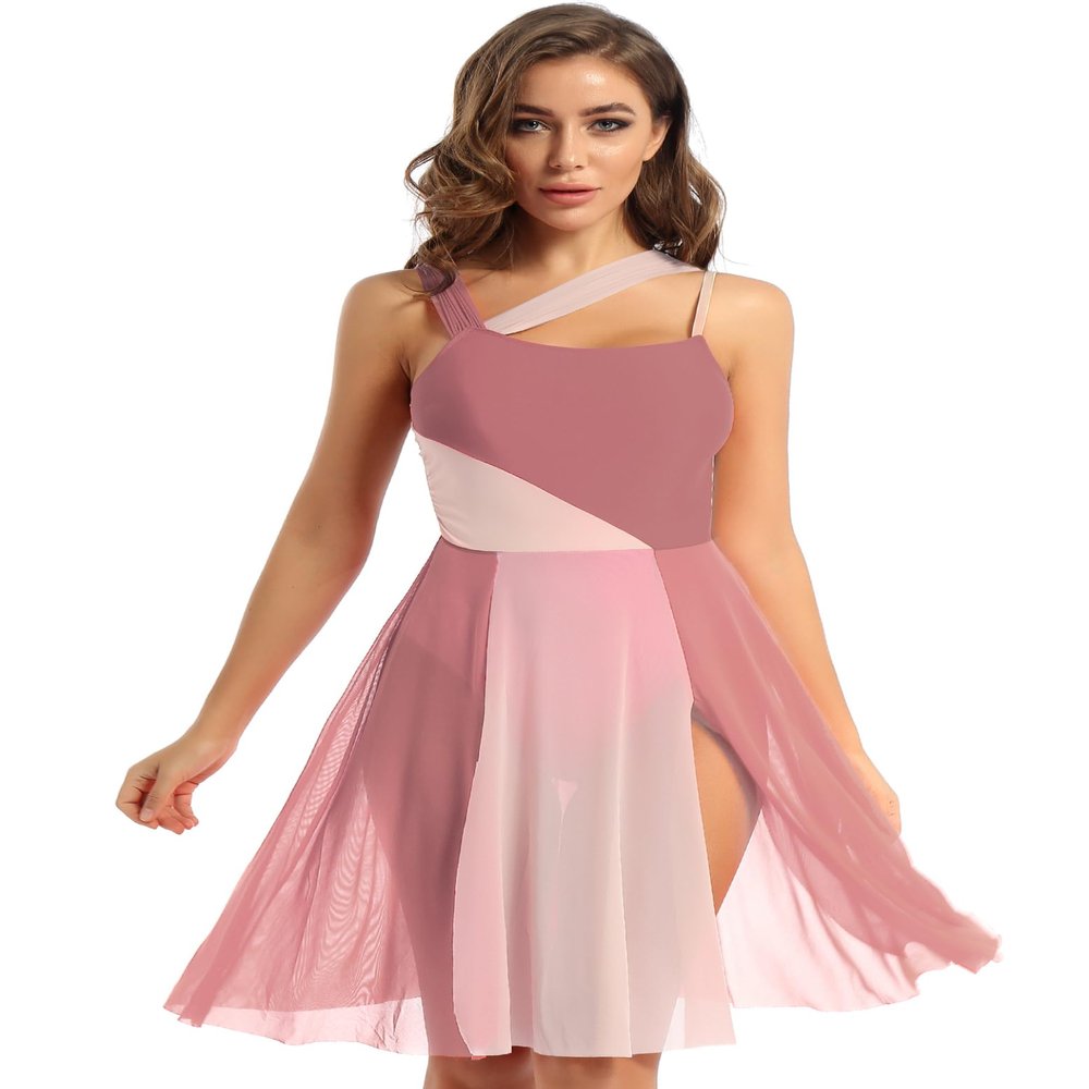Hedmy Women Adult Mesh Overlay Ballet Contemporary Dance Dress Sleeveless Lyrical Leotard Costume Brown Large