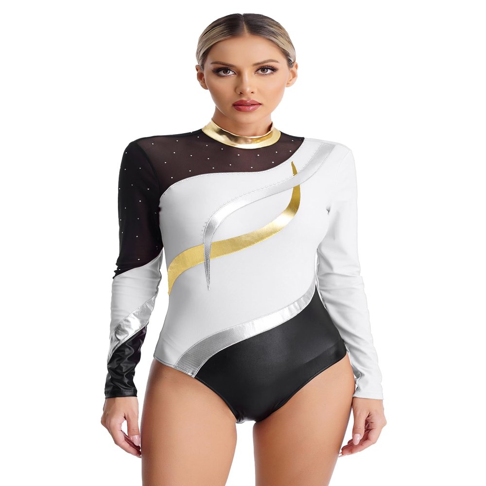 TSSOE Women Mesh Patchwork Gymnastics Leotard Long Sleeves Bodysuit Figure Skating Performance Costume C03 Large