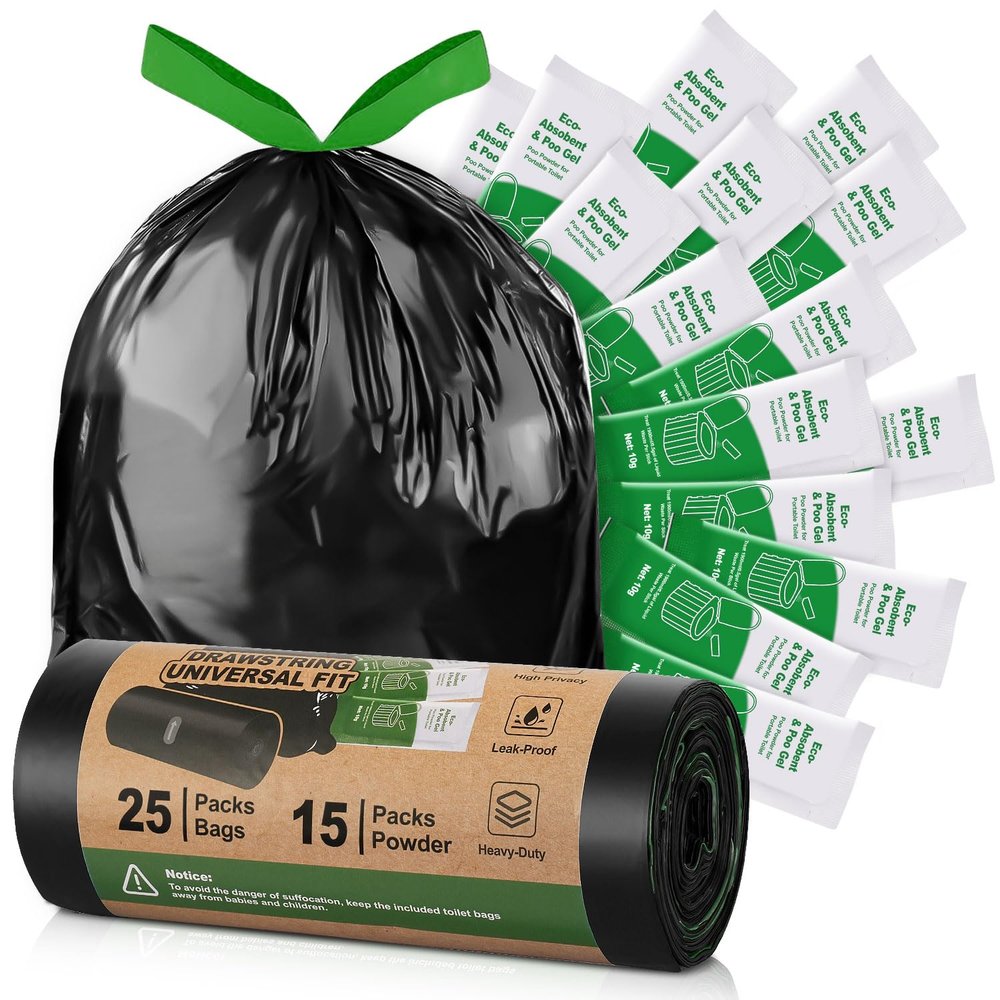 Camping Toilet Bags Poo Gel Set, 25 Count Portable Toilet Bags with 15 Count Camping Toilet Gel, 8 Gallon Composting Toilet for Portable Outdoor Hiking