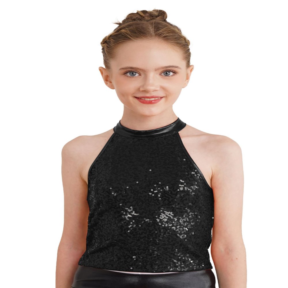 Aislor Girl's Glitter Sequins Jazz Ballet Hip Hop Dance Tank Top Sleeveless Halter Neck Vest Cheerleading Dancewear Black 16 Years