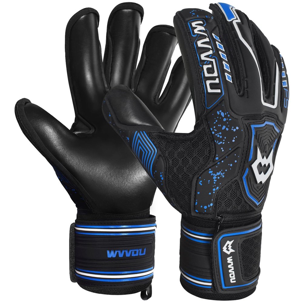 WVVOU Soccer Goalie Gloves for Youth and Adult with 4 Finger Saves, Pro Goalkeeper Gloves, Soccer Gloves with 4+3mm Super Grip Latex Palm (Blackblue2, 7)