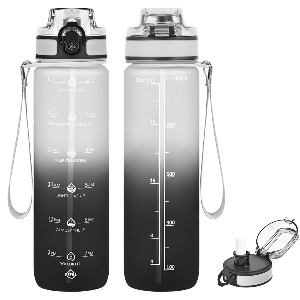 Alwager 32oz Water Bottle with Straw, Motivational Bottle with Time Marker and Strap, BPA Free & Leakproof, Inspirational Water Bottle for Outdoor Sports Office Gym (Set of 1)