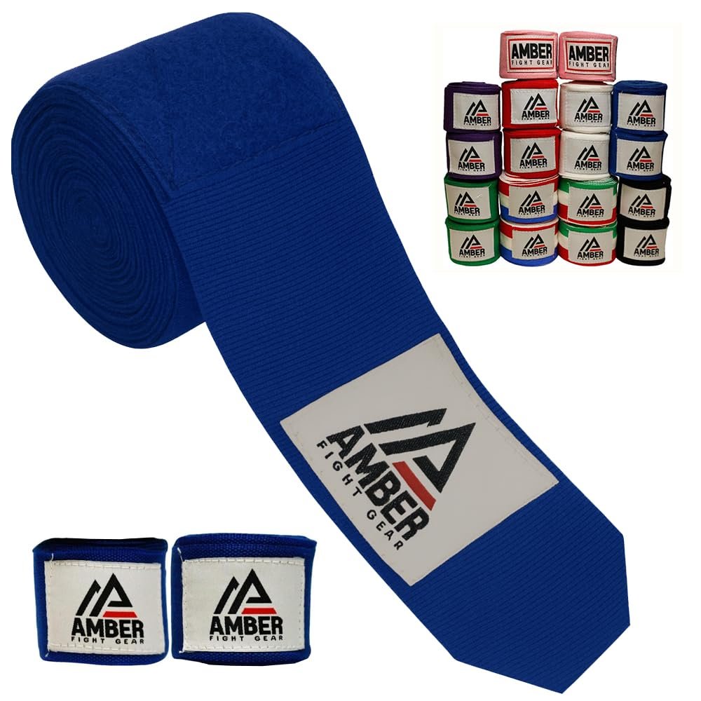 Amber Fight Gear Semi Elastic Professional 180-Inch Hand Wraps with Hook and Loop Closure for Boxing Kickboxing Muay Thai MMA for Men and Women, Blue, Sold as a Pair
