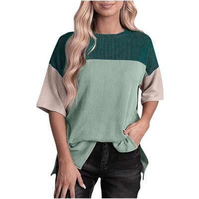 Women Color Block Knitter Short Sleeve Shirts Oversized Tops Fashion Summer Crew Neck Basic Tee Shirts Loose Tunic Tops Light Blue