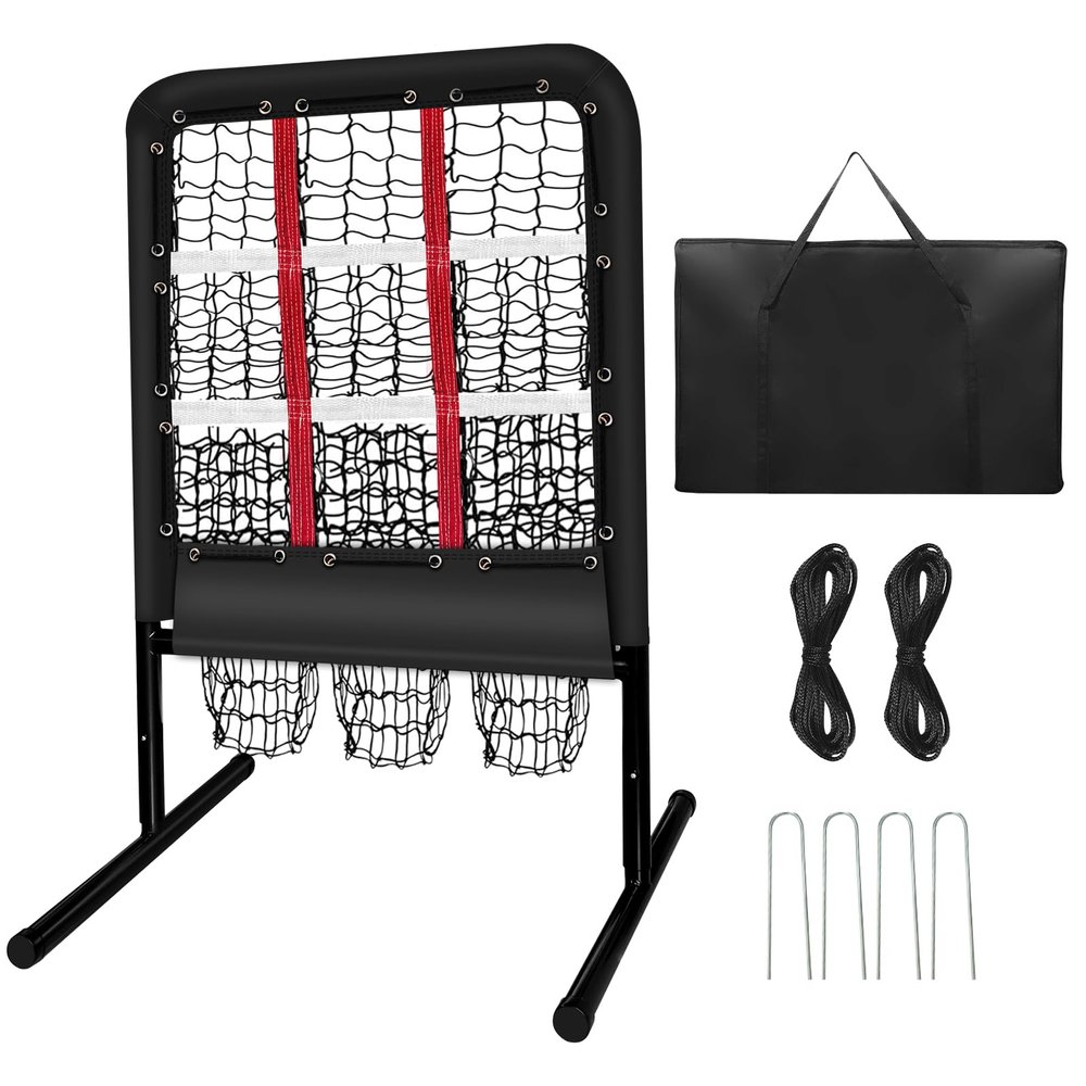 9 Pocket Pitching Net with Strike Target and Handbag, 2X3ft Pitching Nets Fixed by 4 Ground Stakes, 3 Adjustable Heights (39-46in) for Baseball Practice