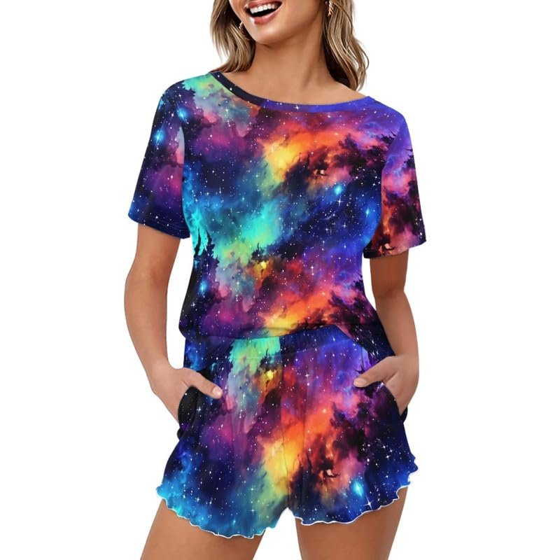 Irisjudy Colorful Galaxy Starry Womens Pajamas Set Two-piece Pj Sets, Color Stars Nebula Short Sleeve Summer Soft Loungewear 2 Piece Pjs Set S-5XL