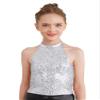 Aislor Girl's Glitter Sequins Jazz Ballet Hip Hop Dance Tank Top Sleeveless Halter Neck Vest Cheerleading Dancewear Silver 6 Years view 1