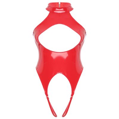 Miutii Womens Faux Leather Hollow Out Stretch Bodycon Tank Leotard Party High Neck Thongs Clubwear Red B XX-Large
