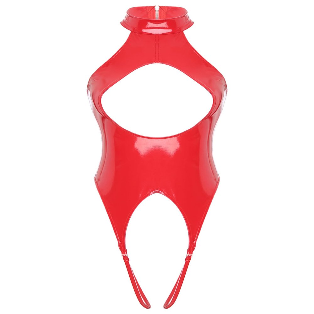 Miutii Womens Faux Leather Hollow Out Stretch Bodycon Tank Leotard Party High Neck Thongs Clubwear Red B XX-Large
