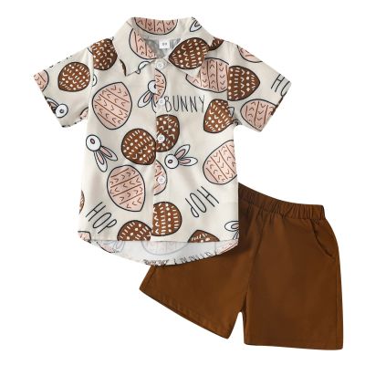 AIMAOMI Toddler Baby Boys Summer Outfits Short Sleeve Button Down Print Shirt with Shorts 2PCS Summer Clothes (Brown, 2-3 Years)