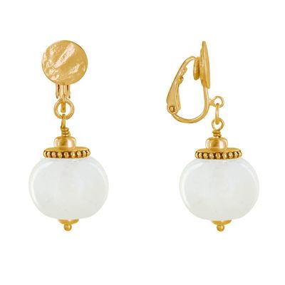 LES POULETTES JEWELS - Golden Metal Clip Earrings and Large Ceramic Beads - White