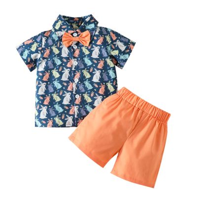 AIMAOMI Toddler Baby Boy Summer Print Shirt Outfits Clothes Short Sleeve Button Down Tops + Shorts Set (Orange, 6-12 Months)