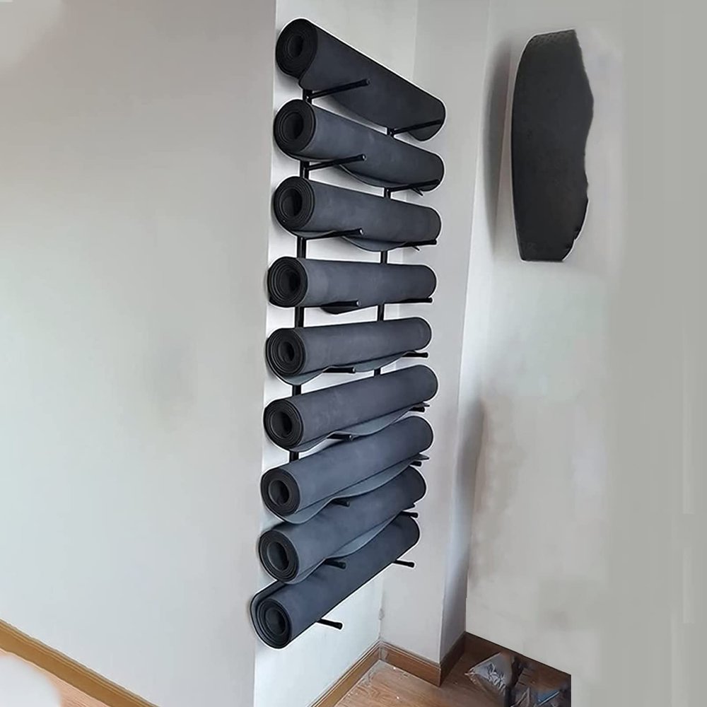 VimrOd Yoga Mat Storage Wall Mount Yoga Mat Holder for Home Decor, Foam Roller Gym Equipment Organizer, Exercise Mats Storage Rack Large Capacity Display Shelf