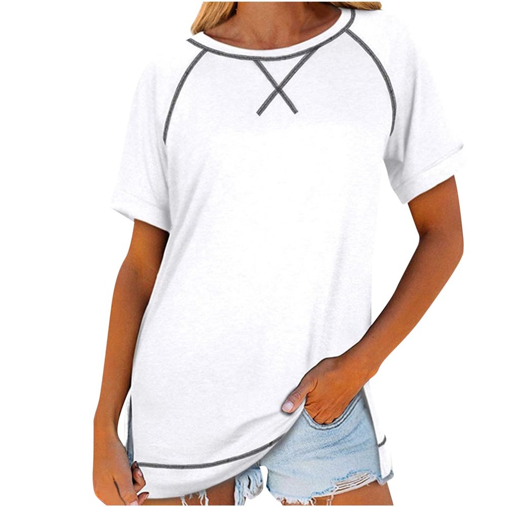 Womens Summer Short Sleeve Shirts Casual Solid Loose Fit Pocket Tunic Tops Lightweight Basic Tee Shirts Blouses Tops White