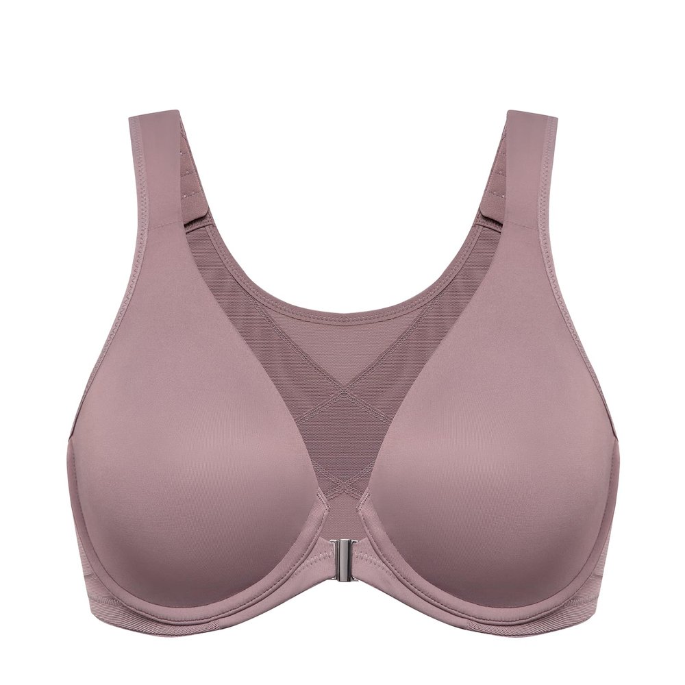 DELIMIRA Women's Front Closure Bras Posture Full Coverage Plus Size Underwire Unlined Back Support Plunge Seamless Bra B-H Cups Mochaccino 38DD