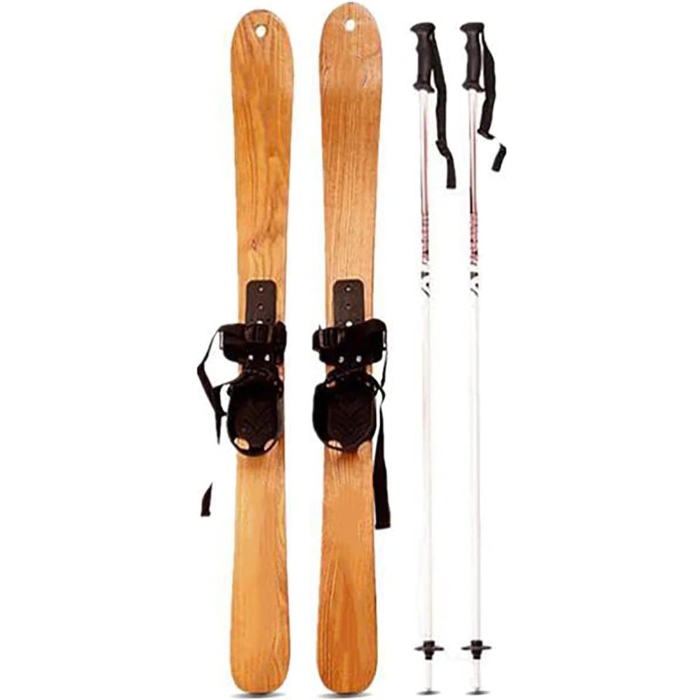 COYEUX Snowboard and Poles, Wooden Skis for Adults and Children, with Snow Poles, for Skiing, Ice Skating
