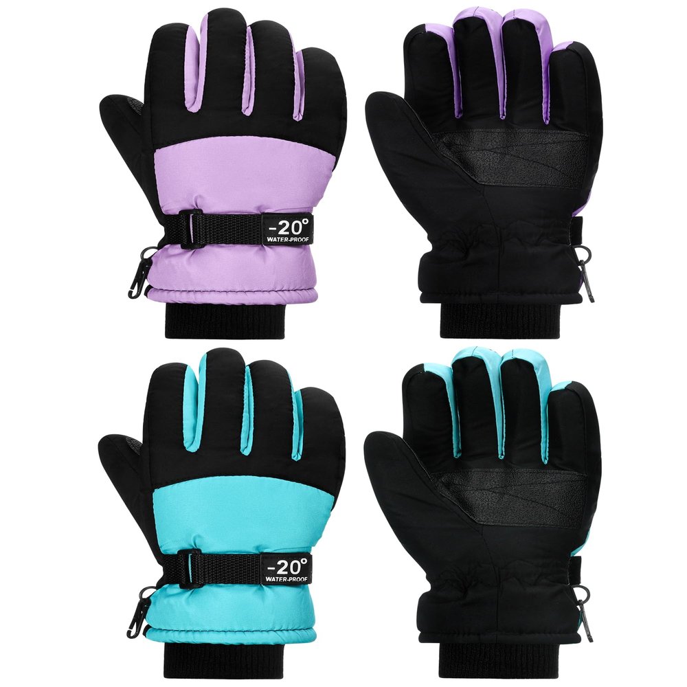 SATINIOR 2 Pairs Kids Waterproof Winter Snow Gloves Ski Gloves for Boy Girl Outdoor Warm Thickening Snowboard(Light Purple, Cyan,6-10 Years,Classic)