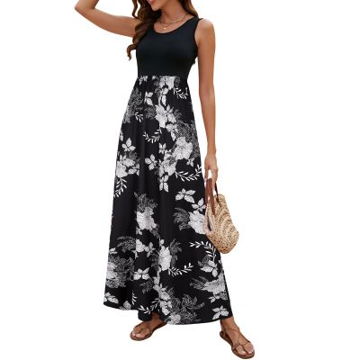 Sherosa Women's Cotton Jersey Sleeveless Swim Cover-Up Maxi Dress(Black White Floral,Large)
