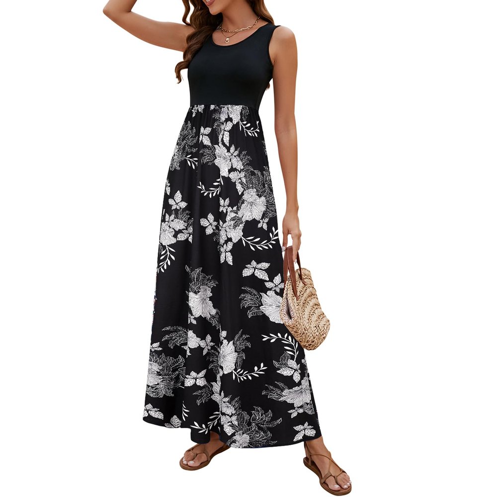Sherosa Women's Cotton Jersey Sleeveless Swim Cover-Up Maxi Dress(Black White Floral,Large)