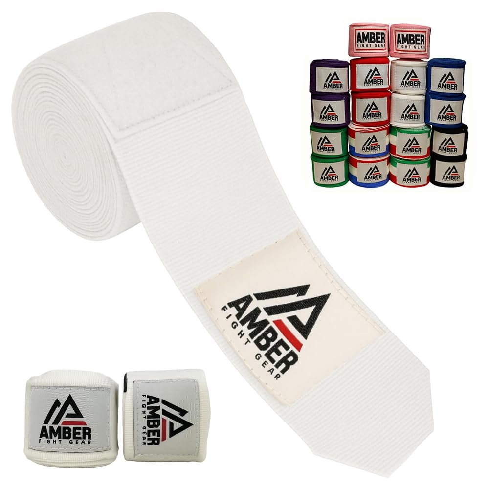 Amber Fight Gear Semi Elastic Professional 180-Inch Hand Wraps with Hook and Loop Closure for Boxing Kickboxing Muay Thai MMA for Men and Women, White, Sold as a Pair