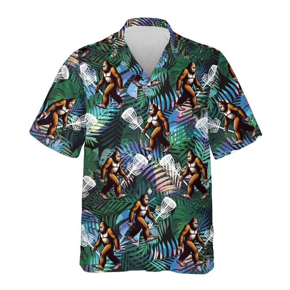Bigfoot Dis Golf Hawaiian Shirt for Men - Sasquatch Sport Men's Hawaiian Shirt, Button Down Shirt Short Sleeve(MP_Bigfoot_38) Size L