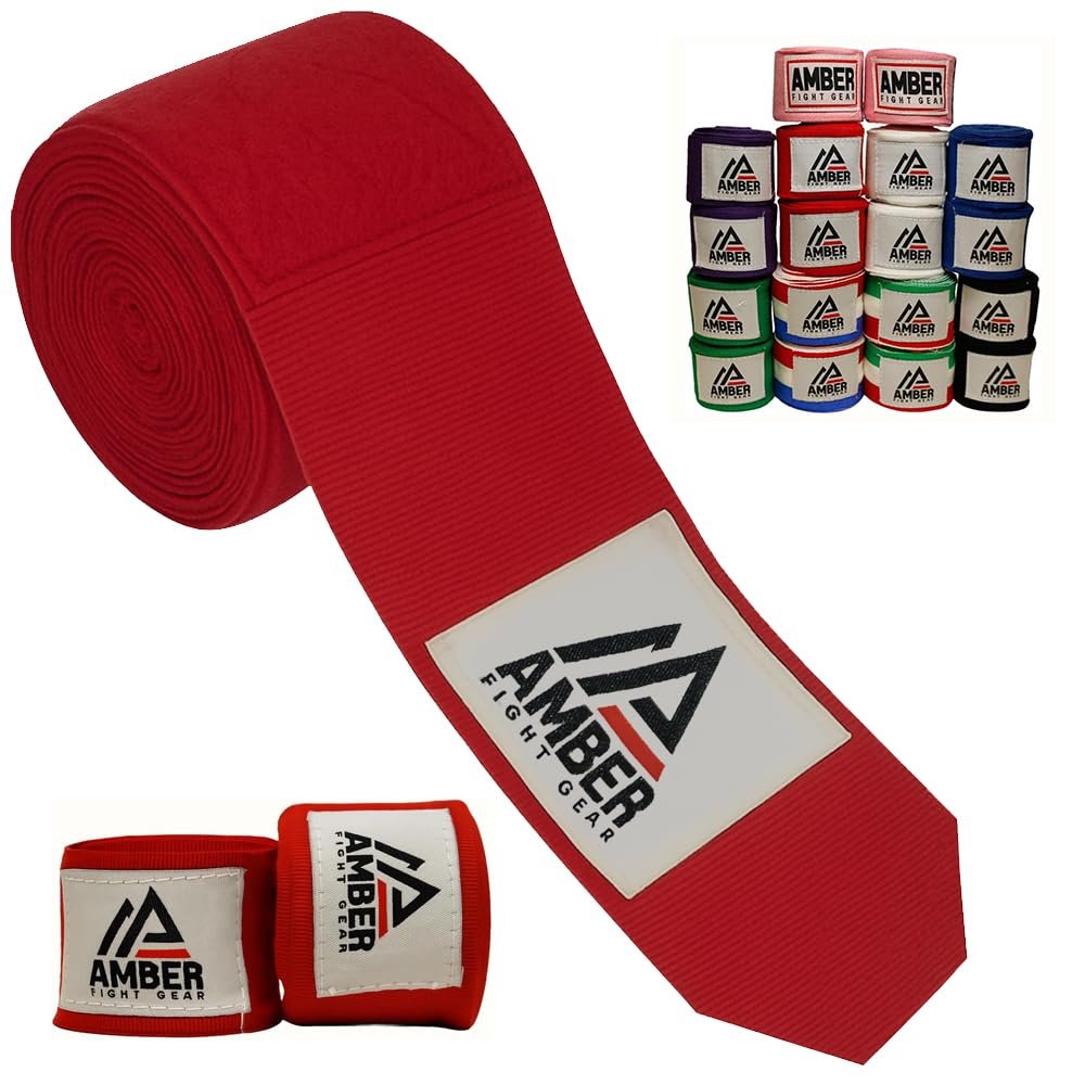 Amber Fight Gear Semi Elastic Professional 180-Inch Hand Wraps with Hook and Loop Closure for Boxing Kickboxing Muay Thai MMA for Men and Women, Red, Sold as a Pair
