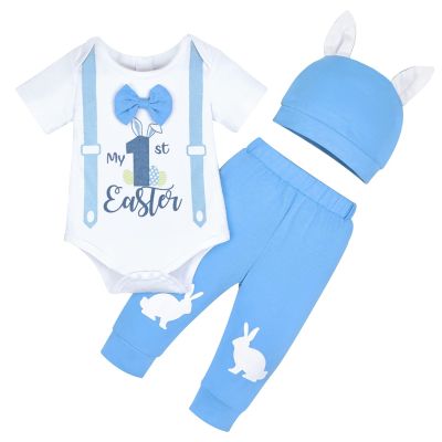 Aenbilo My 1st Easter Baby Boy Oufit Infant Baby Boy Easter Outfit 3 Months My First Easter Infant Boy Clothes Gentleman Bow Tie Romper Bunny Pants with Hat Easter Clothing Sets Blue 0-3 Months