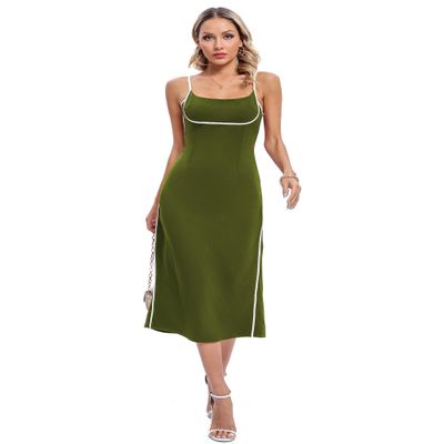 Aigeman Women Spaghetti Straps Square Neck Elegant Bodycon Maxi Dress Chic White Piping Open Back Cocktail Party Dress 302(Medium,Army Green)