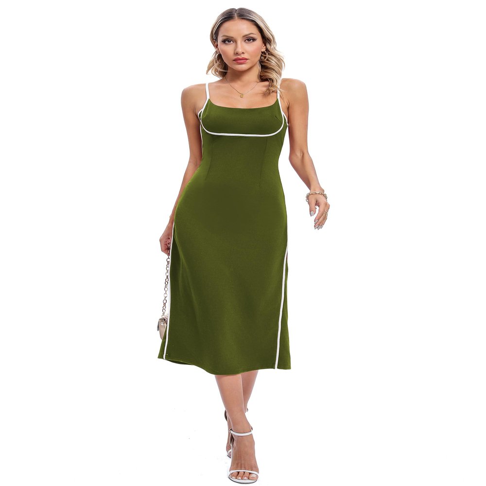 Aigeman Women Spaghetti Straps Square Neck Elegant Bodycon Maxi Dress Chic White Piping Open Back Cocktail Party Dress 302(Medium,Army Green)