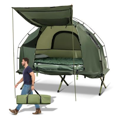 GYMAX Tent Cot, 5-in-1 Folding Camping Cot with Mattress & Pillows, Sleeping Bags, Sunshade, Camping Tent Elevated with Carrying Bag for Outdoor Hiking, Fishing, Picnic (1-Person)